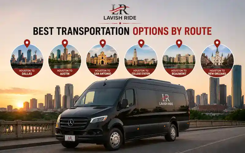 Black Mercedes-Benz Sprinter van showcasing popular Houston routes to Dallas, Austin, San Antonio, College Station, Beaumont, and New Orleans with luxury long-distance transportation.